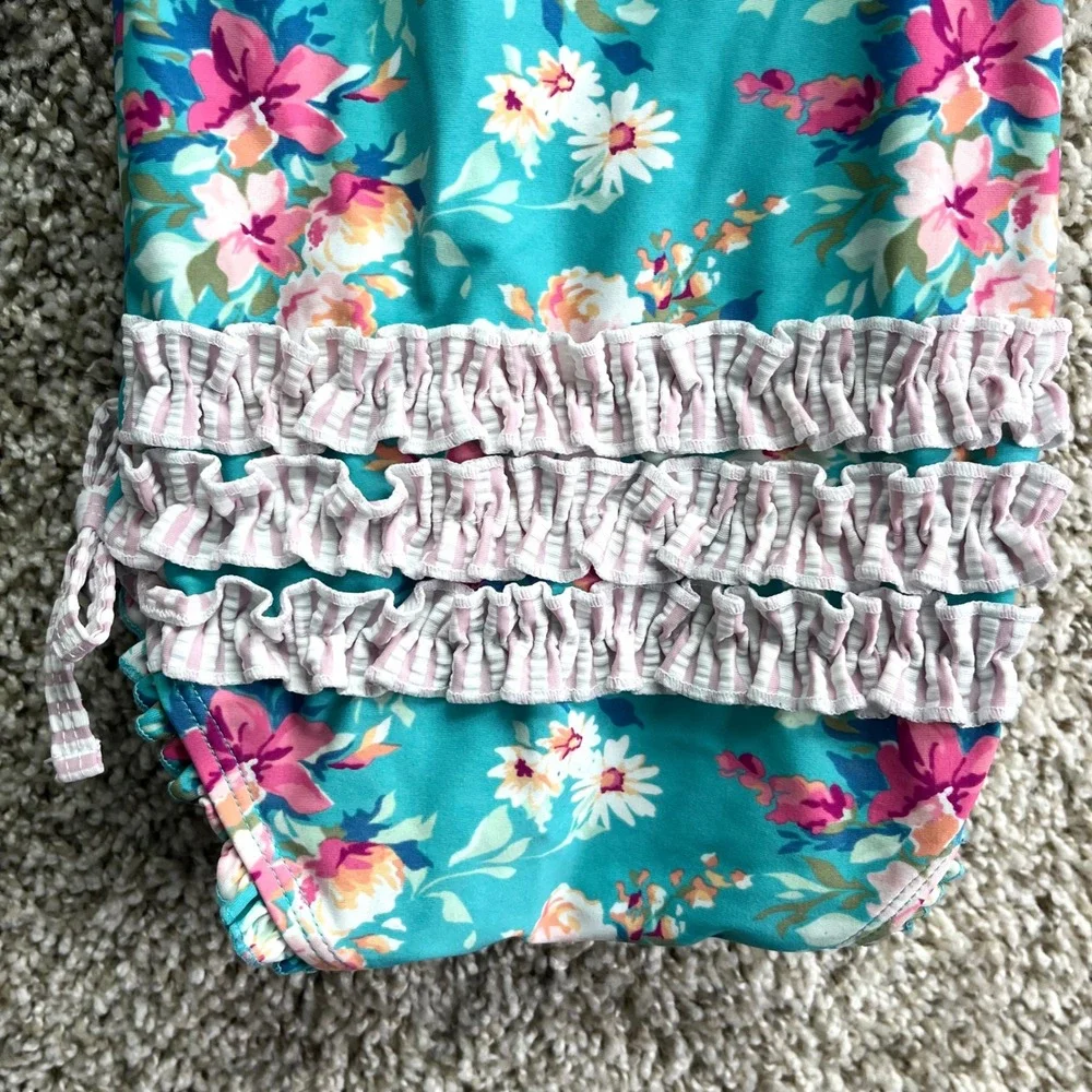 Ruffle Butts Swimsuit‎ Baby 6-12M Teal Floral Long Sleeve One Piece Rash Guard